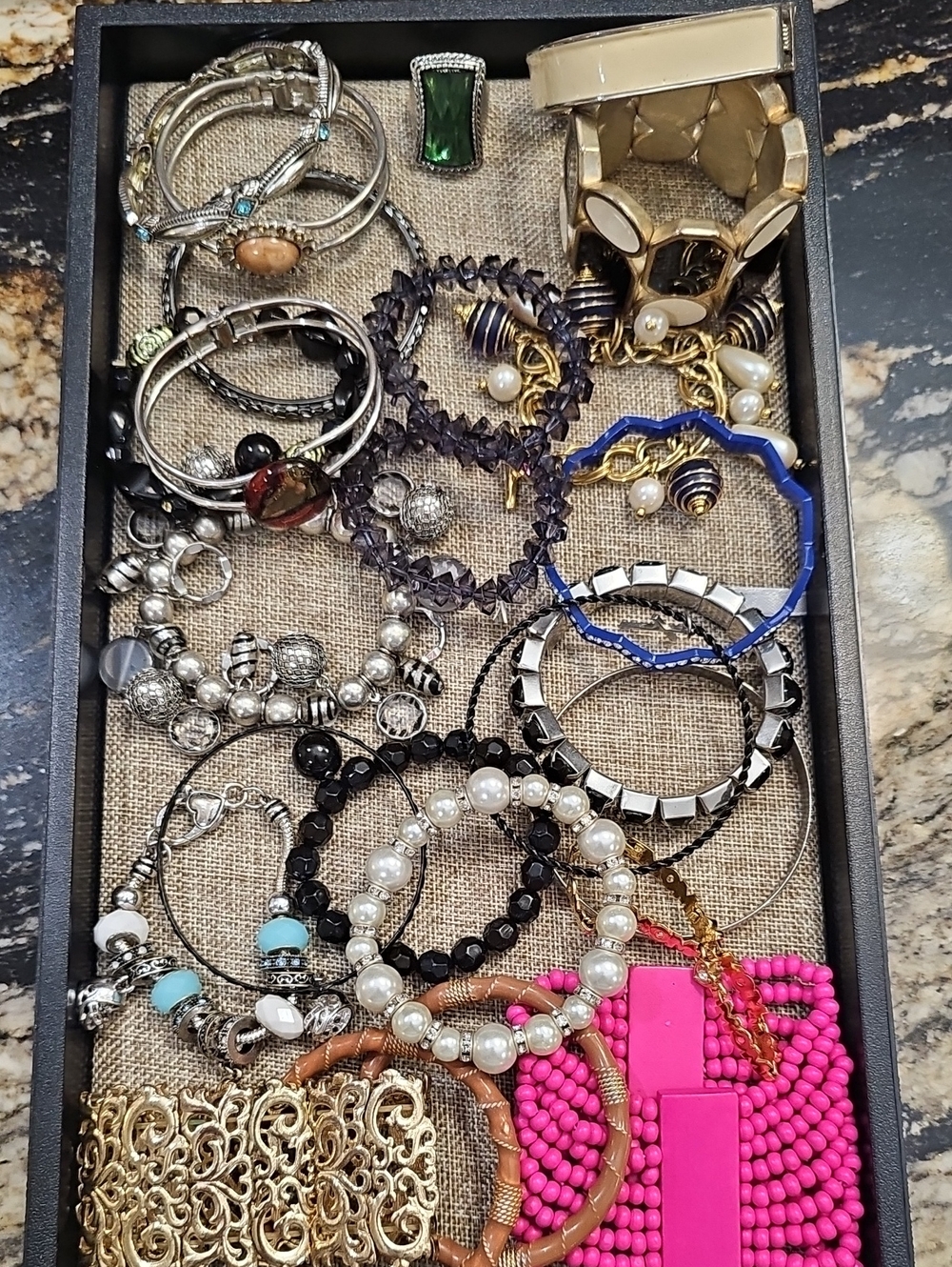 Assorted Women’s Bracelet Stack - Black, White, Pink, Gold, Blue~20pcs